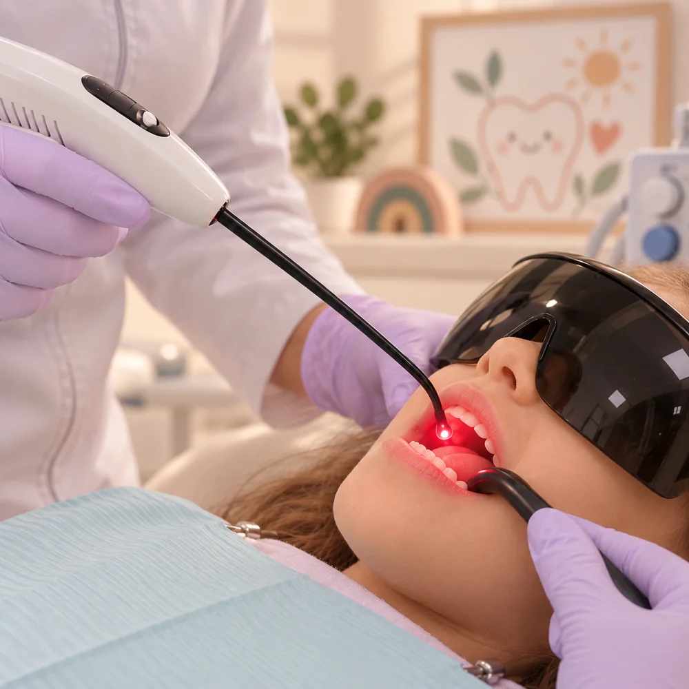 Aplicação de laserterapia odontológica com óculos de proteção
